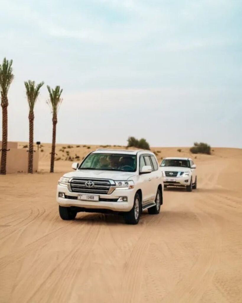 Belly Dance Desert Safari Dubai – Exciting 4x4 Dune Bashing Adventure › Forever Tourism LLC 4x4 vehicles driving through golden dunes during belly dance desert safari Dubai adventure