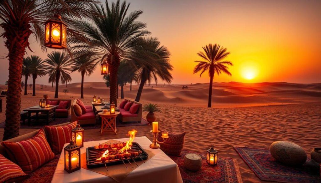 Traditional BBQ dining setup during VIP desert safari with BBQ dinner in Dubai desert camp.