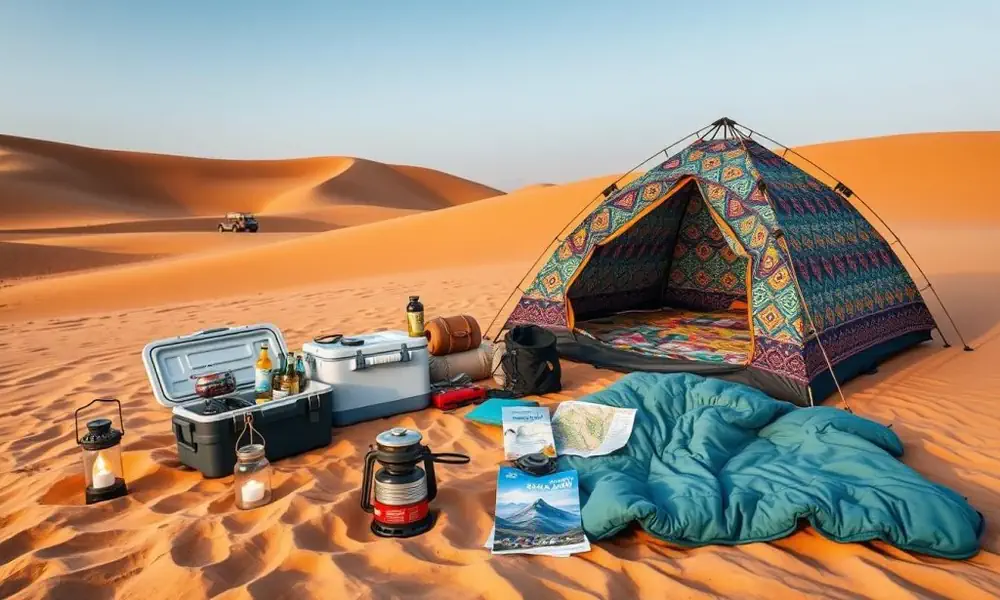 › Forever Tourism LLC overnight camp setup in Dubai desert with tents, lanterns, and starry sky
