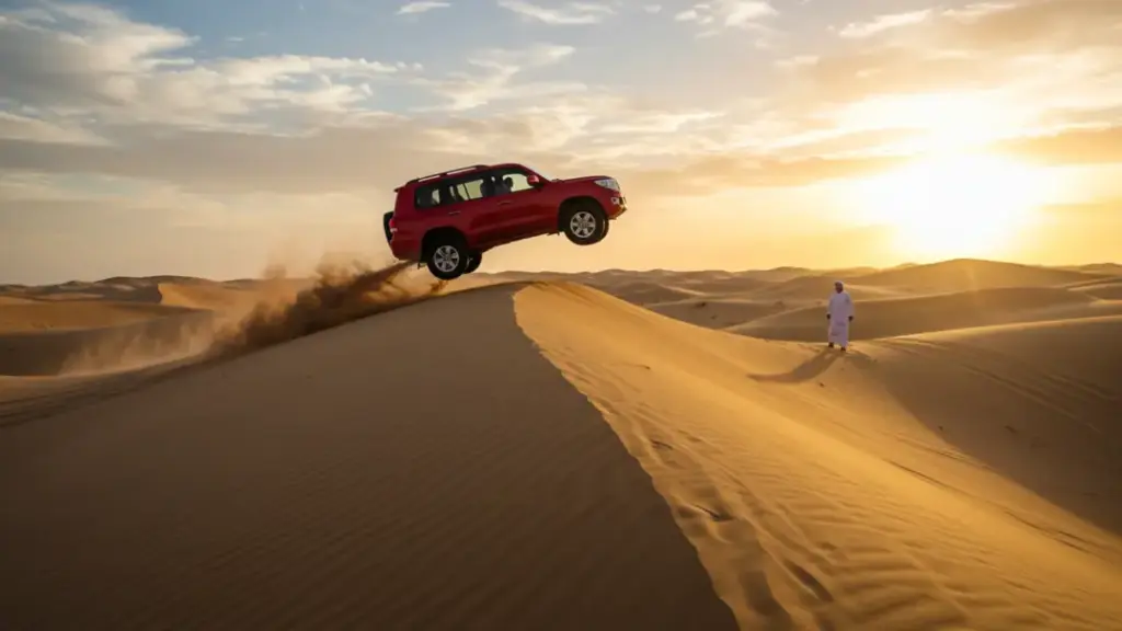 Red 4x4 vehicle performing dune bashing during a desert safari drive at sunset in Dubai