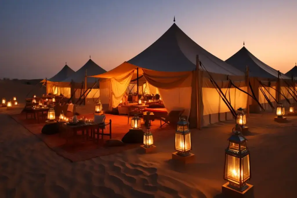 Overnight Desert Safari Dubai camp with lanterns under a starry sky