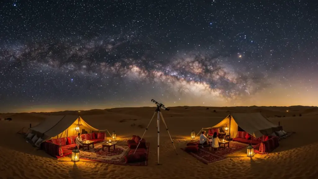 Stargazing at Lama Desert Safari Desert Camp Dubai › Forever Tourism LLC Luxury tents under the starry night sky at Lama Desert Safari Dubai, offering stargazing and authentic desert experiences.