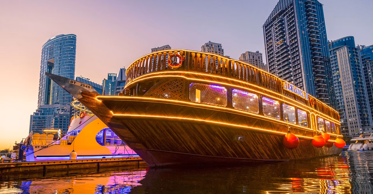 cruise tour from Dubai on Arabian Sea dhow cruise at sunset