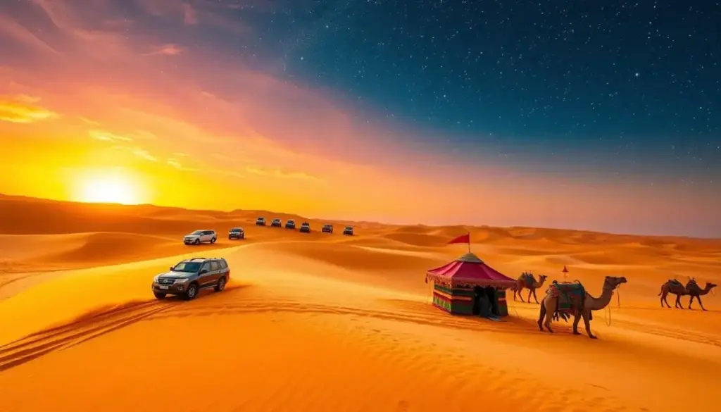 clock and 4x4 on sand showing different desert safari Dubai timings