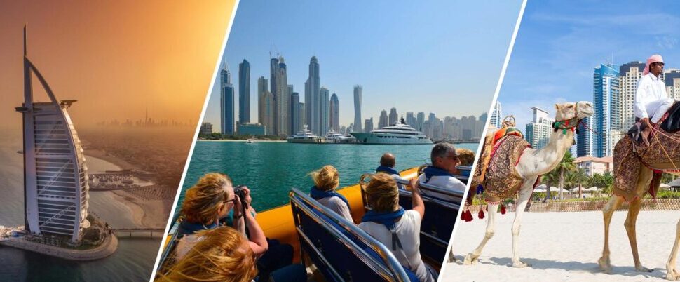 city sightseeing Dubai with skyline views, landmarks, and tour bus