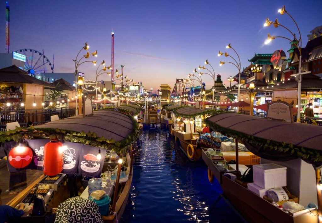 global village restaurants offering world cuisines and street food stalls