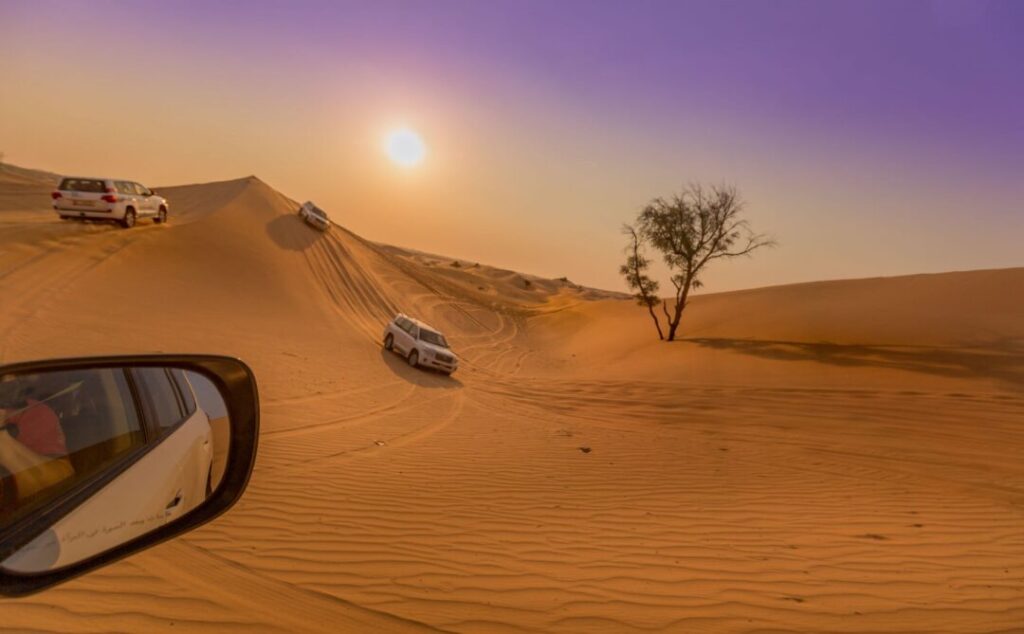 4x4 vehicles dune bashing during a desert trip Abu Dhabi at sunset, showcasing golden sand dunes and scenic adventure views.