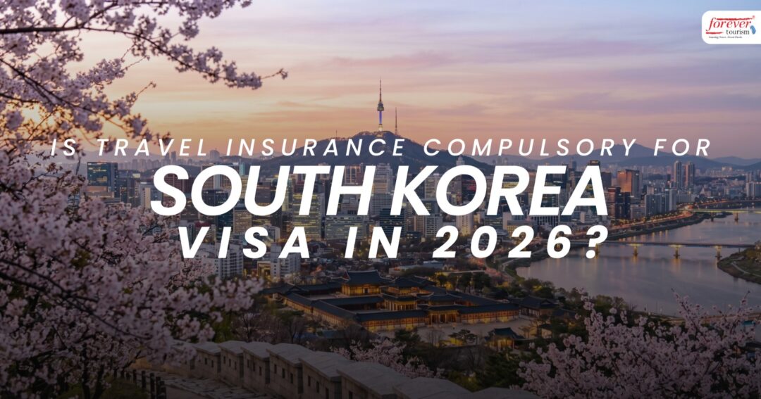 Promotional banner asking if travel insurance is compulsory for a South Korea visa in 2026, over a Seoul cityscape with cherry blossoms at sunset.