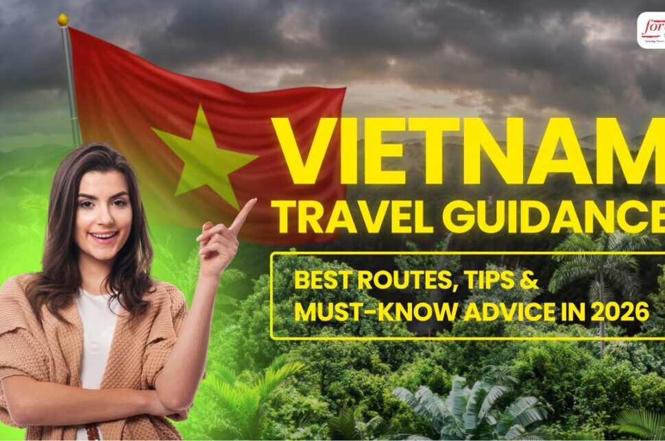 Woman points to bold yellow text reading 'VIETNAM TRAVEL GUIDANCE' with a Vietnamese flag and dense jungle backdrop behind her.