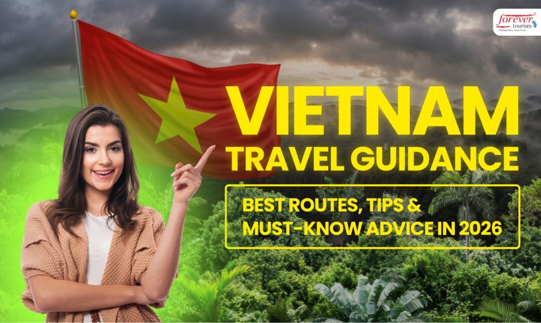 Woman points to bold yellow text reading 'VIETNAM TRAVEL GUIDANCE' with a Vietnamese flag and dense jungle backdrop behind her.