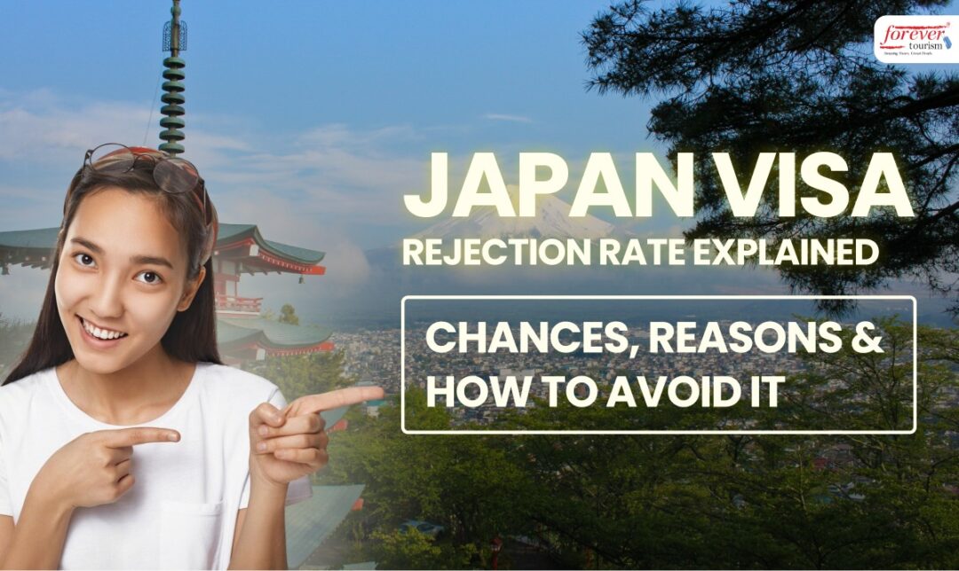 Thumbnail: smiling woman points to bold text about Japan visa rejection rate, with scenic Japanese backdrop and Forever tourism logo.