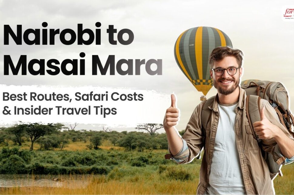 Smiling traveler with backpack giving thumbs up in the savannah, a hot air balloon in the background—promoting Nairobi to Maasai Mara safari tips on travel banner.