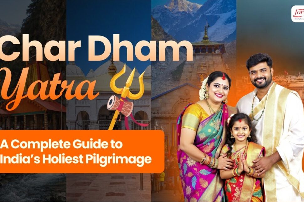 Promotional banner for Char Dham Yatra: a smiling couple and child in traditional attire with an orange caption about a complete guide to India's holiest pilgrimage, set against temple backgrounds.