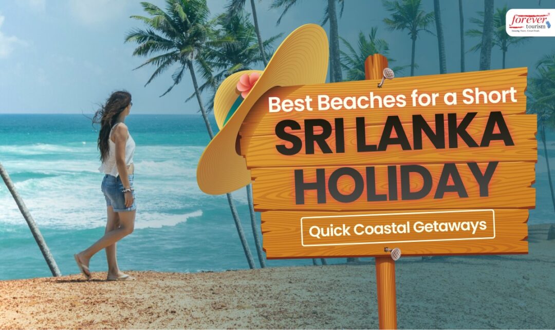 Promo banner advertising Sri Lanka beach holidays, with a woman walking along a tropical shore beside a wooden sign that reads 'Best Beaches for a Short Sri Lanka Holiday' and 'Quick Coastal Getaways'.
