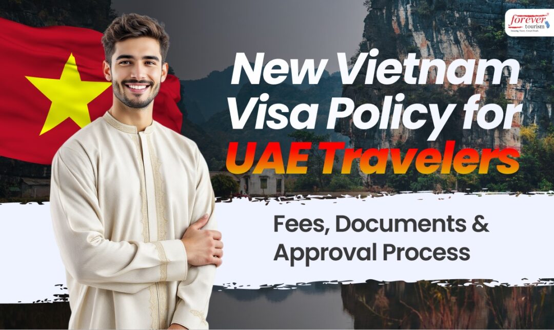 Informational banner about Vietnam visa policy for UAE travelers, featuring a man in traditional attire, the Vietnamese flag, and policy text panels.