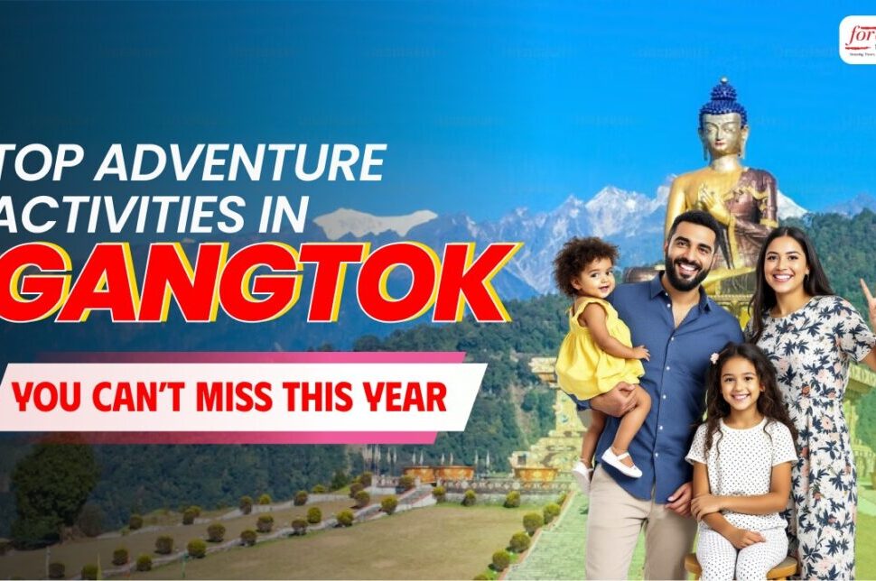 Family posing together in front of a Buddha statue with mountains, promoting top adventure activities in Gangtok.