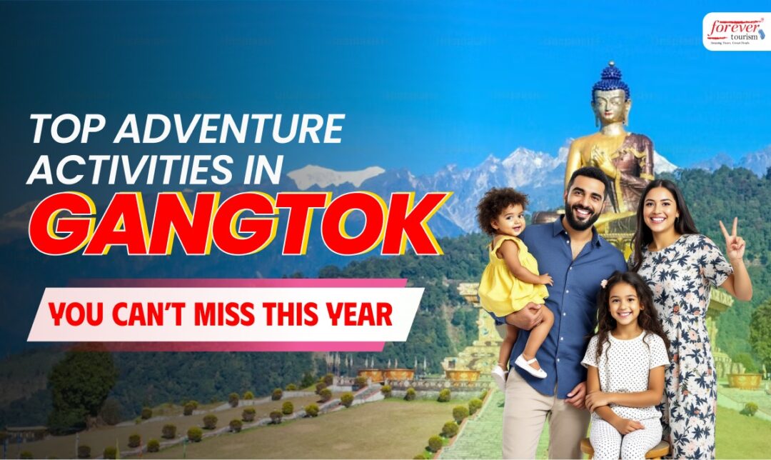 Family posing together in front of a Buddha statue with mountains, promoting top adventure activities in Gangtok.