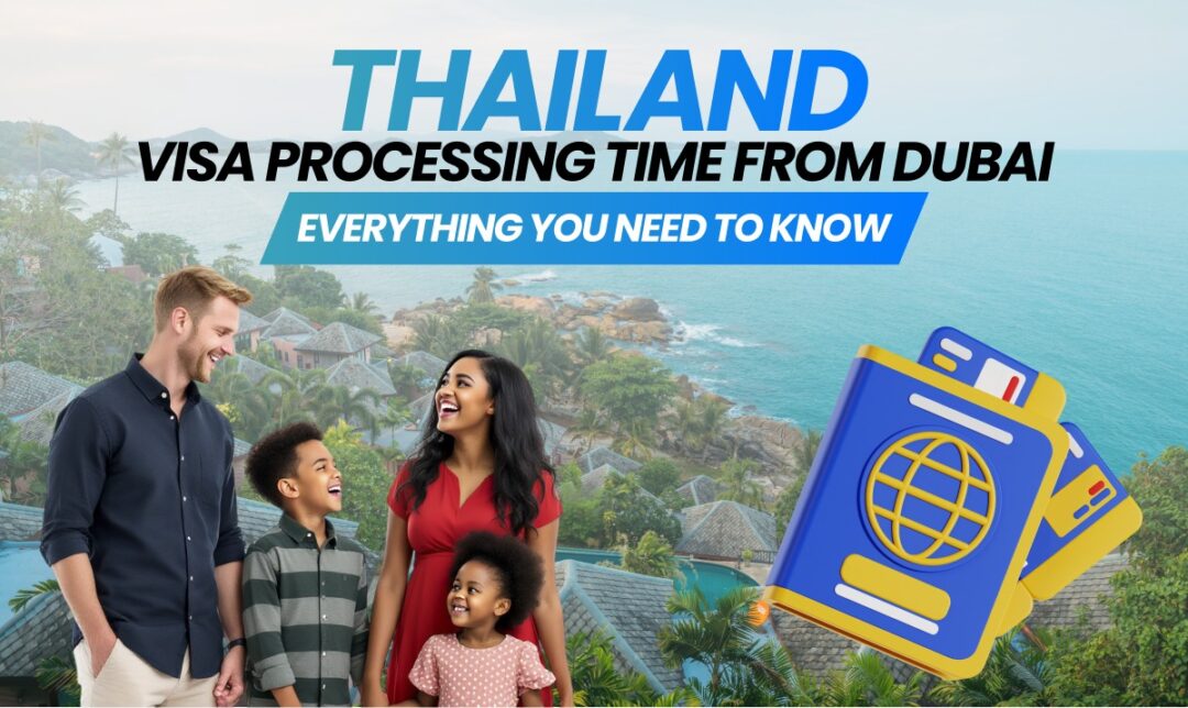 Thailand visa processing time from Dubai: a smiling family with passports against a tropical resort backdrop.