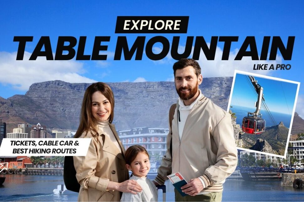 Family of three posing in beige coats in front of Table Mountain; travel ad mentions tickets, cable car, and hiking routes.