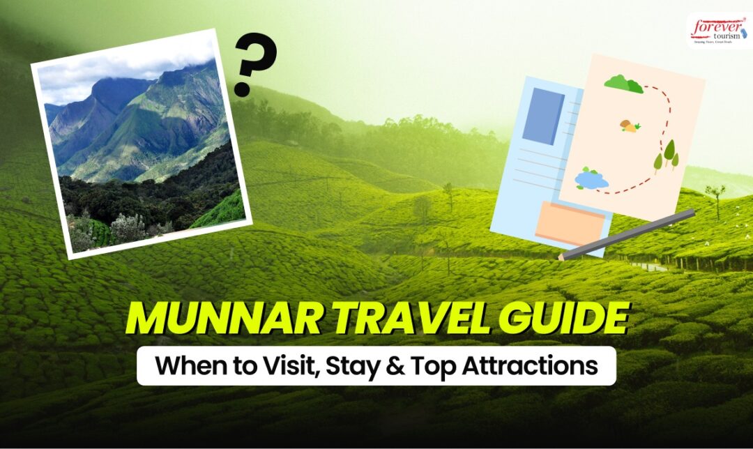 Travel guide thumbnail for Munnar: green tea hills, a framed mountain photo, a route map illustration, and bold title 'Munnar Travel Guide'.