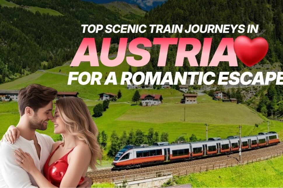 Couple embracing in front of a scenic Austrian valley with a modern passenger train on the tracks in the background.