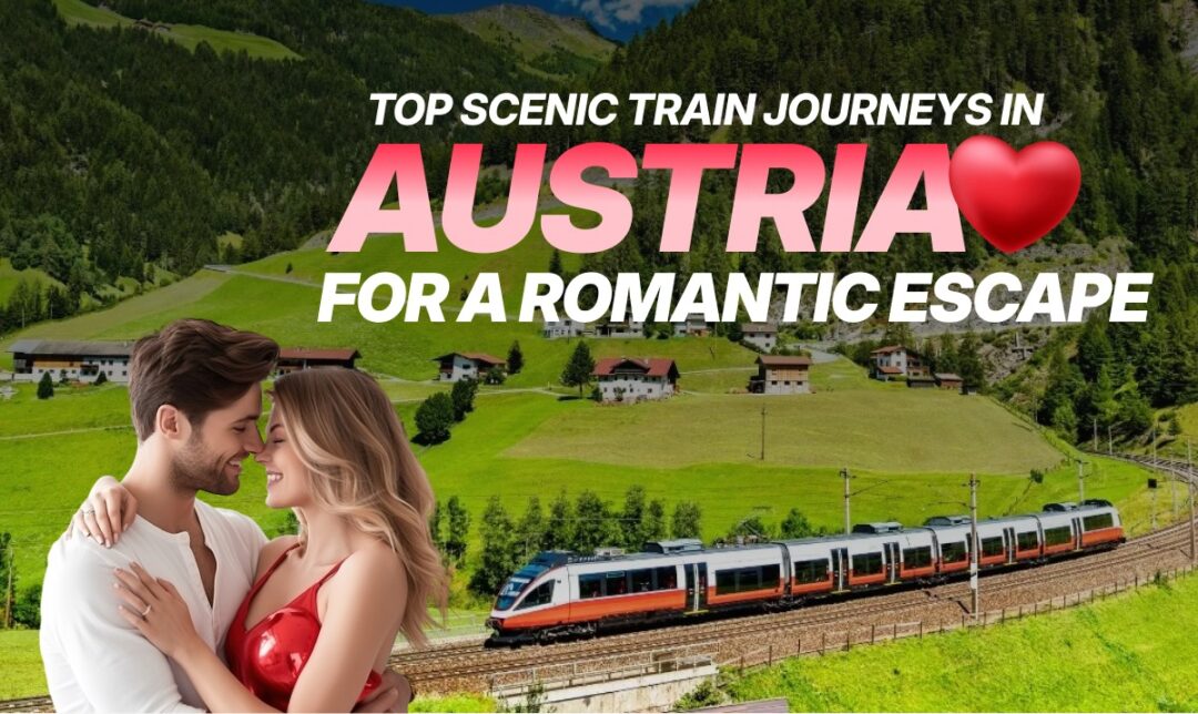 Couple embracing in front of a scenic Austrian valley with a modern passenger train on the tracks in the background.