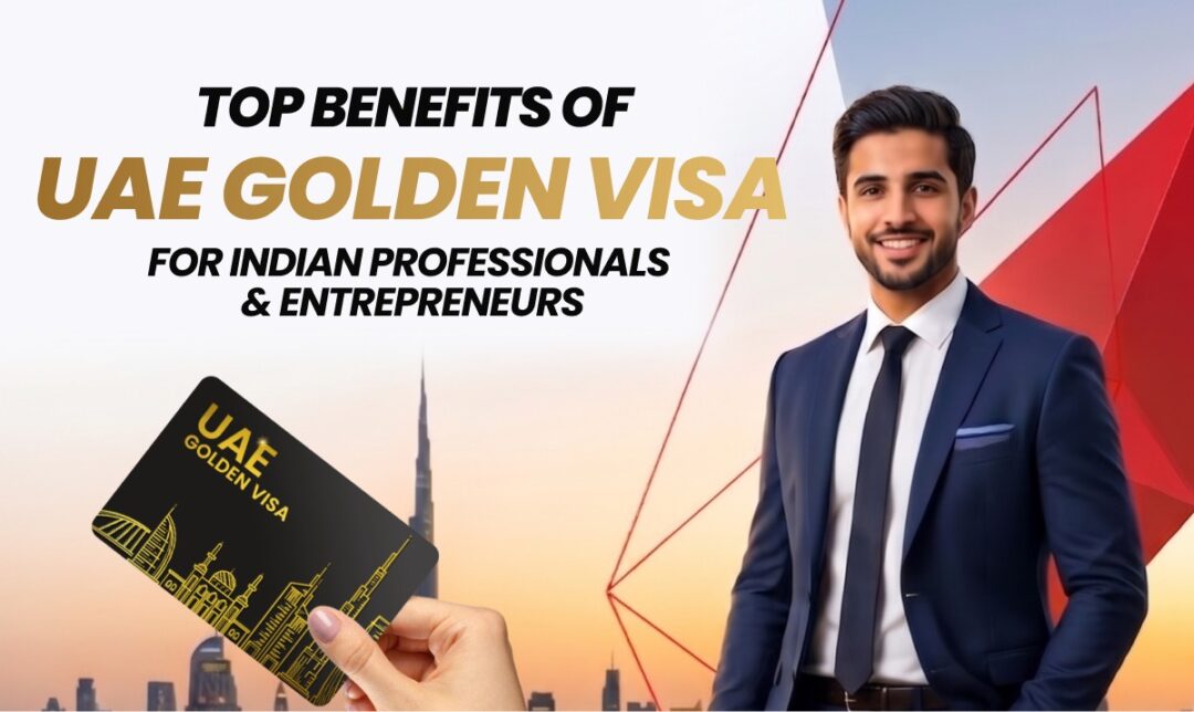 Promo banner: a man in a suit beside a UAE Golden Visa card against a sunset cityscape, with text about benefits for professionals and entrepreneurs.