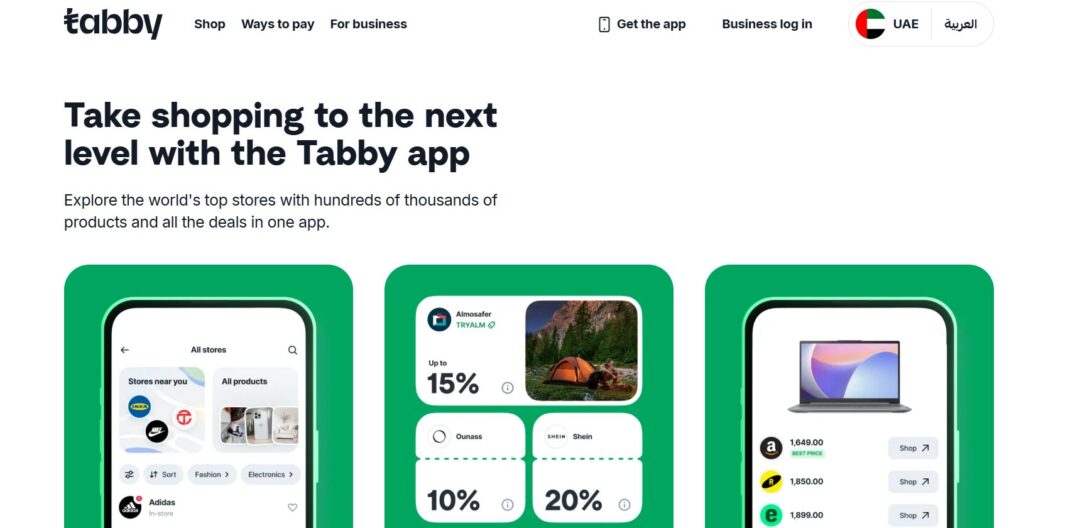 Hero section with three phone mockups on a green background showcasing the Tabby app; headline: 'Take shopping to the next level with the Tabby app'.