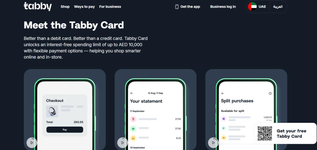 Three smartphone screens show Tabby Card features—Checkout, Your statement, and Split purchases on a dark marketing page.