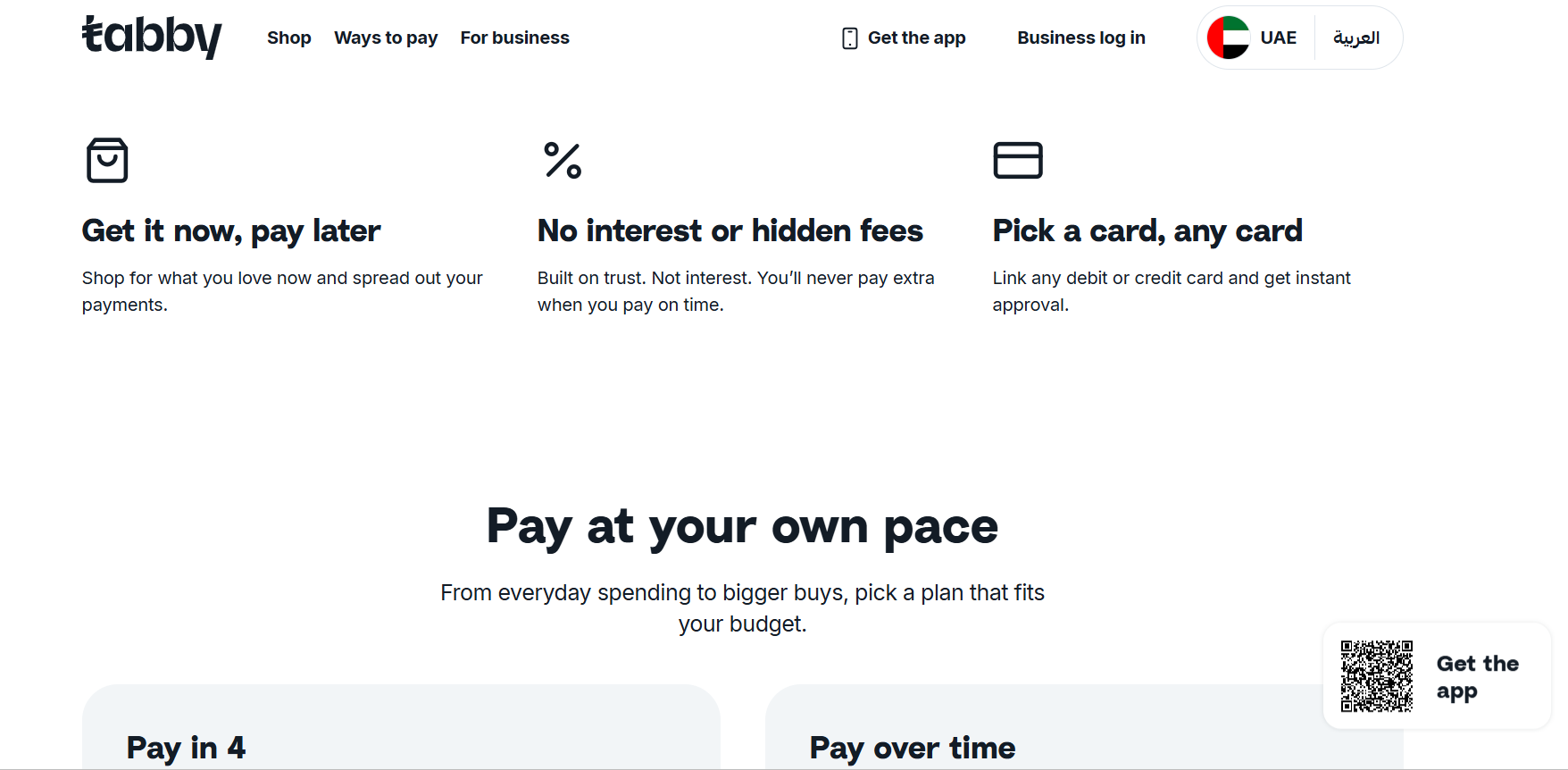 Section with three payment features: Get it now, pay later; No interest or hidden fees; Pick a card, any card.
