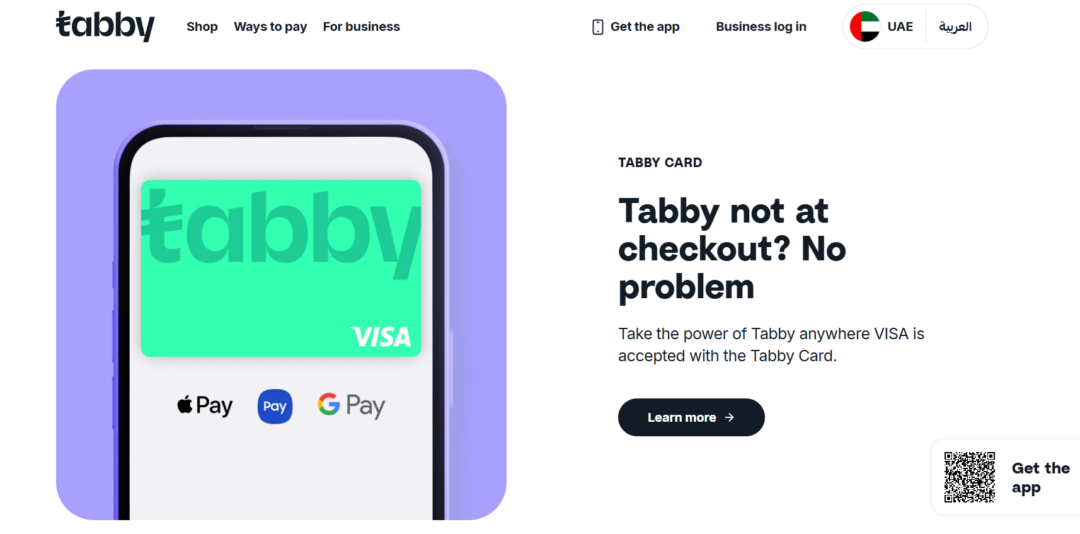 Marketing hero showing a smartphone with a bright green Tabby Visa card and payment logos, beside the headline 'Tabby not at checkout? No problem'.