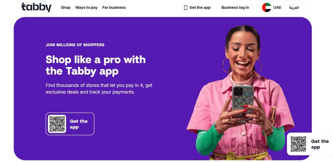 Hero banner promoting the Tabby app: a smiling woman in a pink top holds a phone on a purple rounded background, with the message 'Shop like a pro with the Tabby app' and a 'Get the app' QR code button on the left.