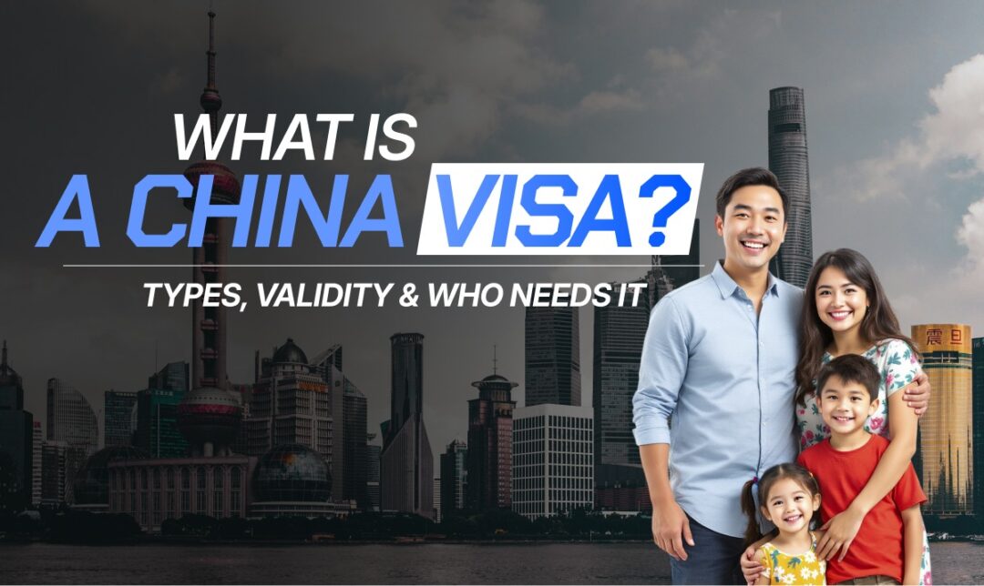 Informational banner about China visa basics with a smiling family in front of a city skyline.