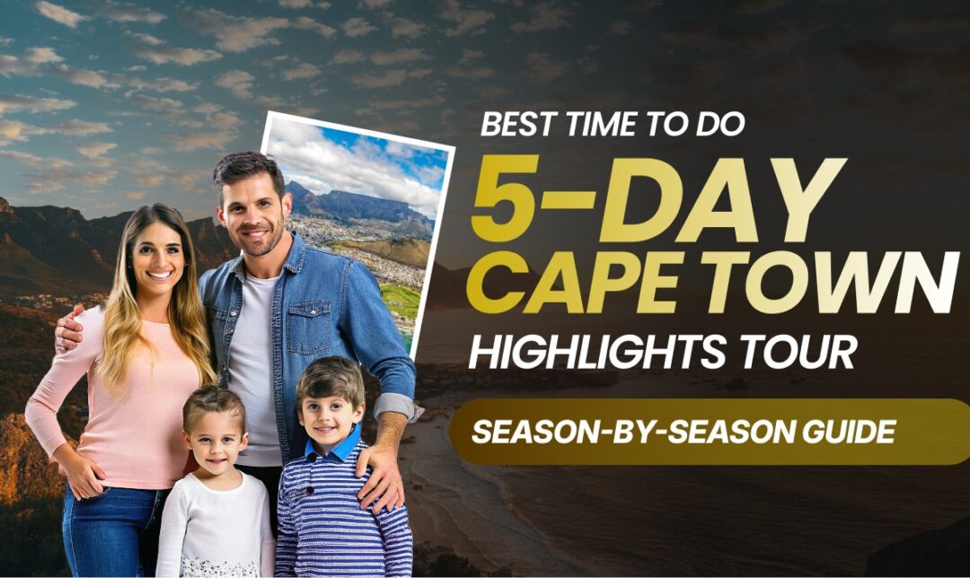 Promotional banner for a 5-day Cape Town highlights tour; a smiling family on the left with a mountain backdrop.