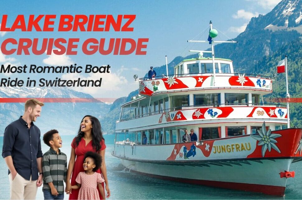 Lake Brienz Cruise Guide: Most Romantic Boat Ride in Switzerland › Forever Tourism LLC Family of four smiling on a dock beside a colorful lake cruise boat named Jungfrau with mountains in the background. Text overlay promotes Lake Brienz cruise guide and romantic ride in Switzerland.