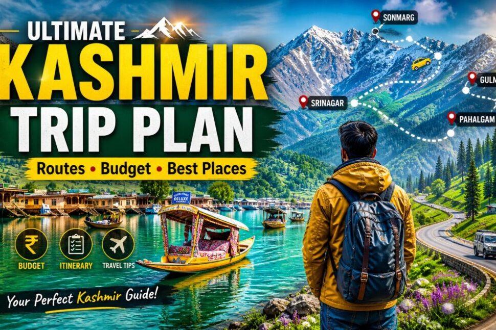 Tourist with backpack overlooking a lake and snow-capped mountains; promotional cover reads 'Ultimate Kashmir Trip Plan' with route map (Srinagar, Sonmarg, Gulmarg, Pahalgam) and icons for Budget, Itinerary, Travel Tips.