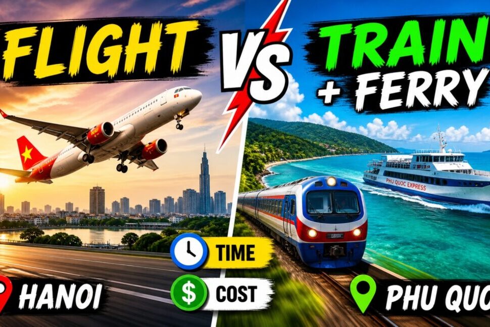 Split travel image comparing flight vs train + ferry: airplane near Hanoi on the left and a train with a ferry near Phu Quoc on the right, with time and cost icons at the bottom.