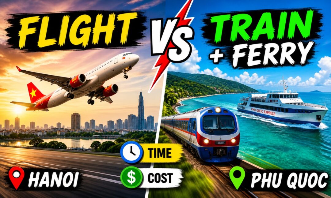 Split travel image comparing flight vs train + ferry: airplane near Hanoi on the left and a train with a ferry near Phu Quoc on the right, with time and cost icons at the bottom.
