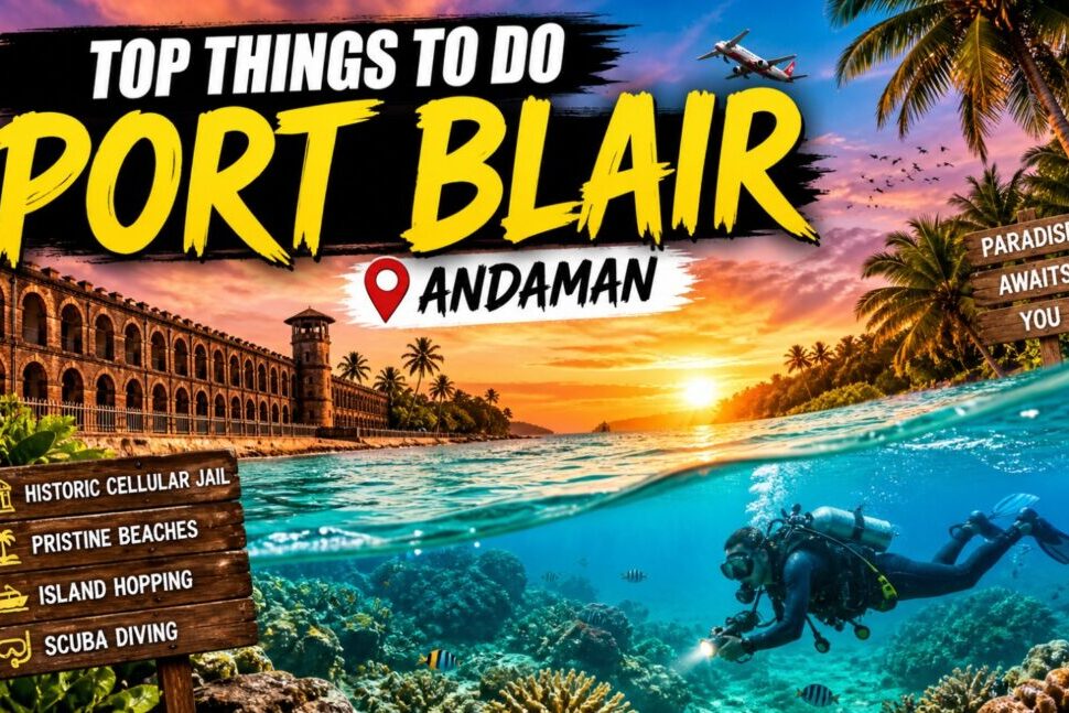 Colorful travel poster for Port Blair, Andaman: sunset over historic Cellular Jail with palm trees, plus a diver exploring a coral reef underwater; wooden signs list attractions like beaches, island hopping, and scuba diving.