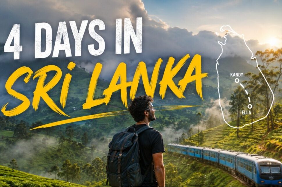 Traveler with a backpack gazes over misty green tea hills as a blue train winds through the valley; a Sri Lanka route map marks Kandy and Ella in the distance.