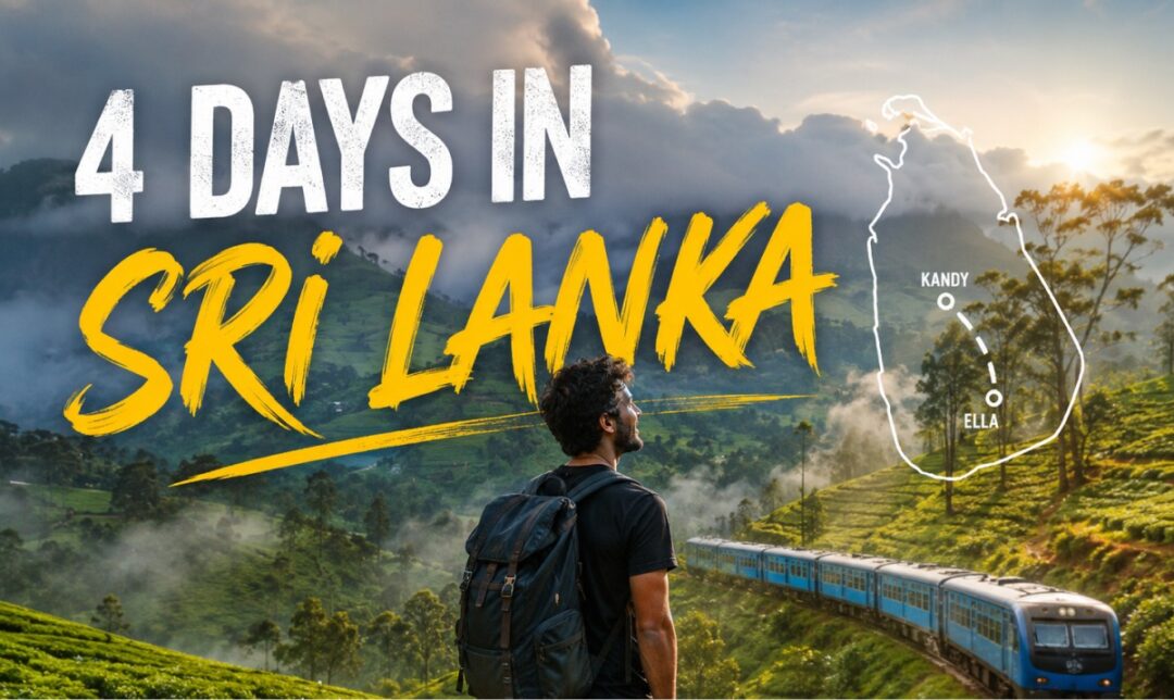 Traveler with a backpack gazes over misty green tea hills as a blue train winds through the valley; a Sri Lanka route map marks Kandy and Ella in the distance.