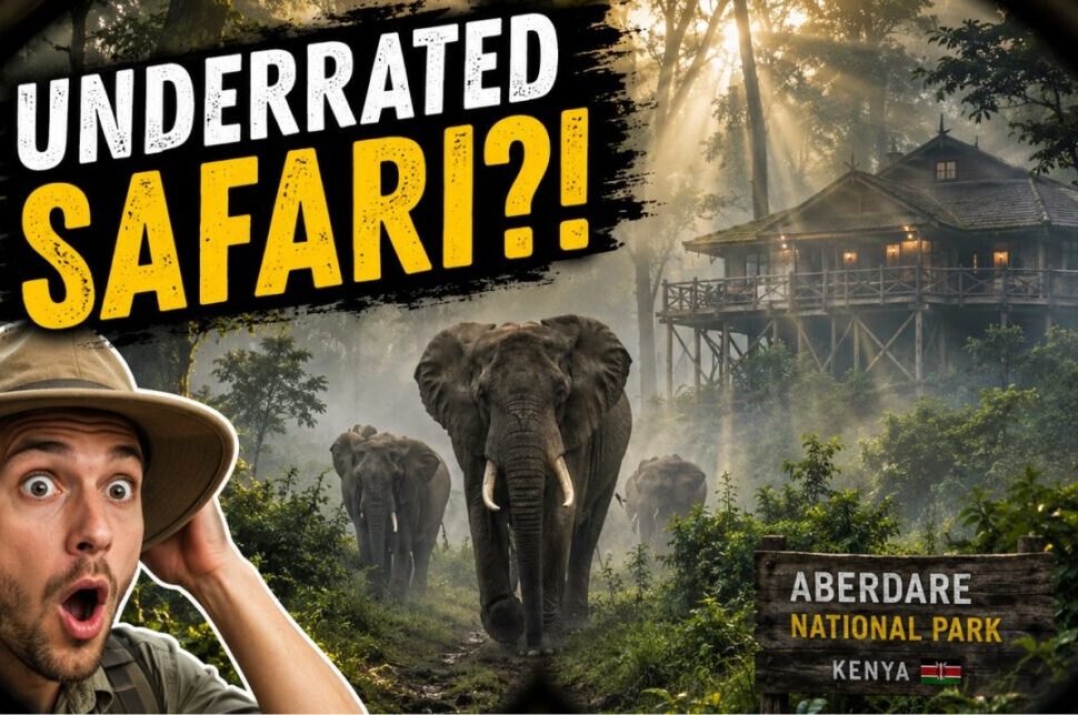 Aberdare National Park: Discover Kenya’s Most Underrated Safari Escape › Forever Tourism LLC Person with safari hat reacting in astonishment as elephants march through a misty forest toward a treehouse lodge in Aberdare National Park, Kenya (thumbnail style).