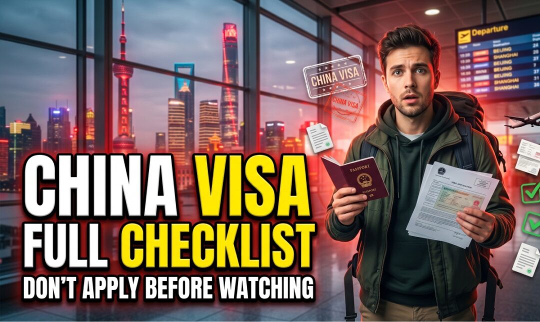 Man holds a passport and documents in a busy airport with bold text reading 'China Visa Full Checklist' (travel visa guide)