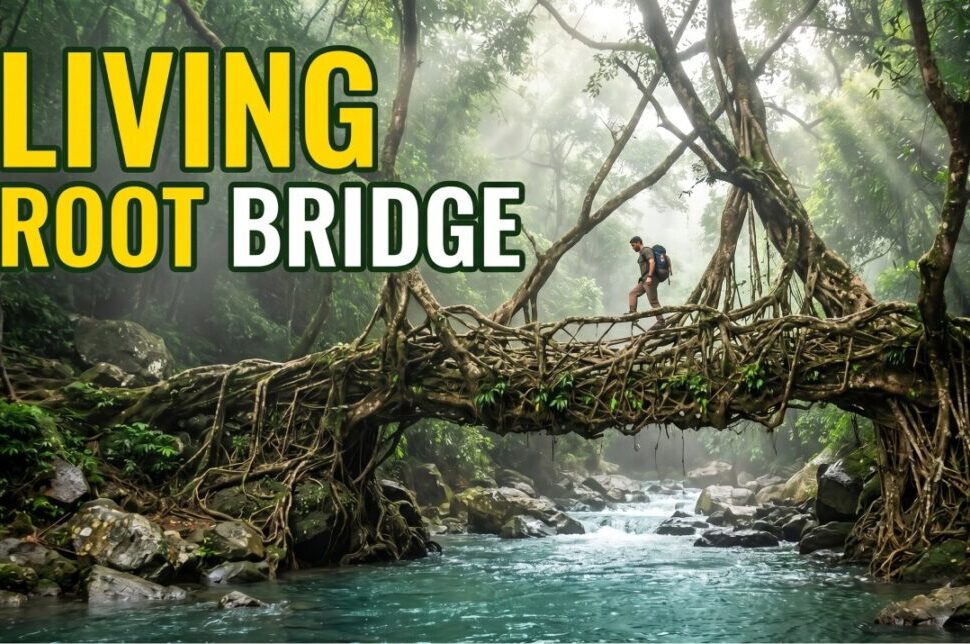 A person walks across a living root bridge formed by intertwining tree roots over a rocky river in a lush forest, with bold text 'LIVING ROOT BRIDGE' on the left.