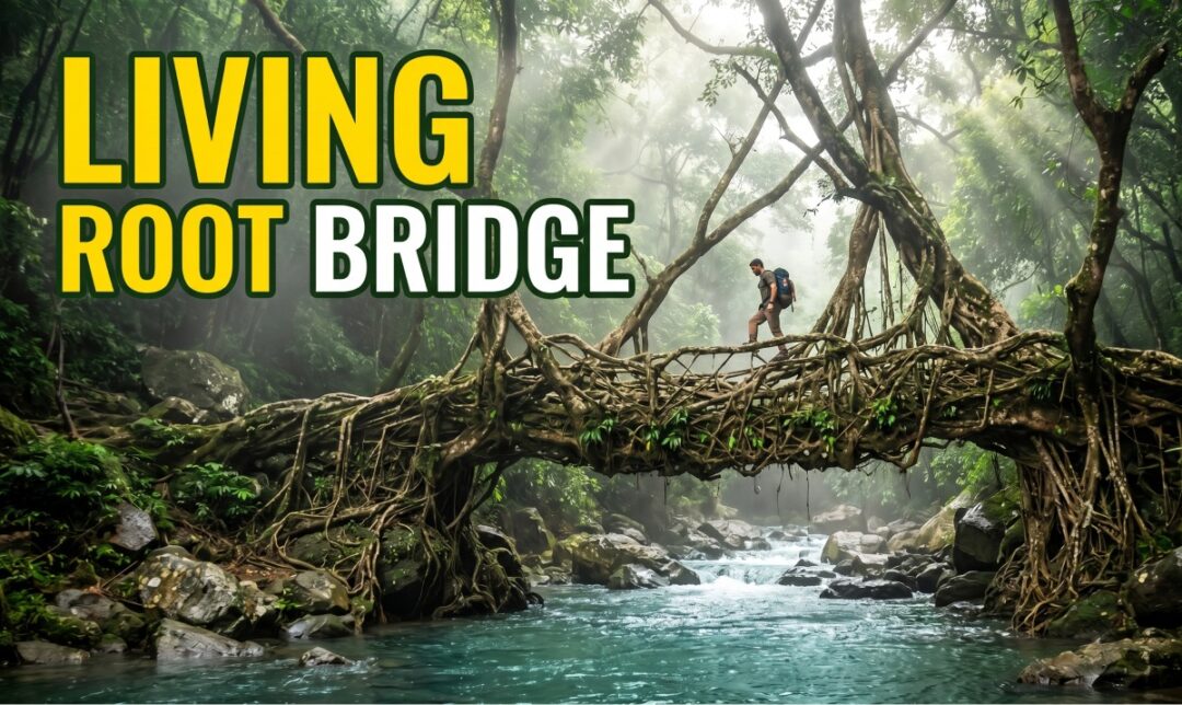 A person walks across a living root bridge formed by intertwining tree roots over a rocky river in a lush forest, with bold text 'LIVING ROOT BRIDGE' on the left.