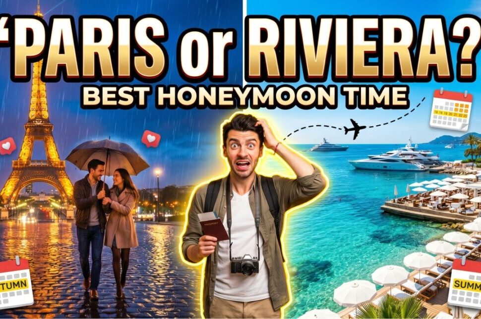Best Time to Visit France for Honeymoon: Paris vs French Riviera › Forever Tourism LLC Hungarian? Actually: A traveler with passport stands between Paris rainy scene and Riviera sunny beach, deciding honeymoon destination.