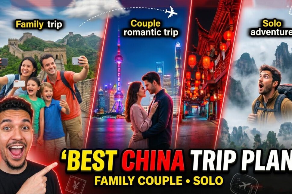 Travel thumbnail for 'Best China Trip Plan' showing family, couple, and solo travel scenes with iconic Chinese sights and bold text.