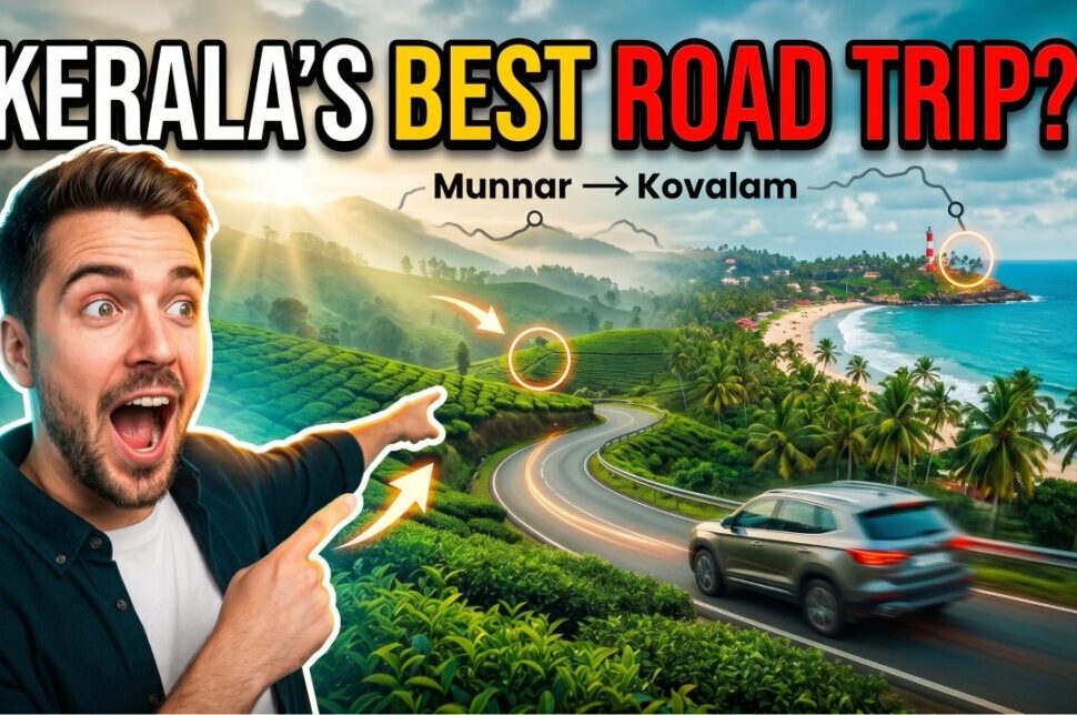 Thumbnail for a Kerala road trip video: excited man points at a winding tea-field road toward the coast.