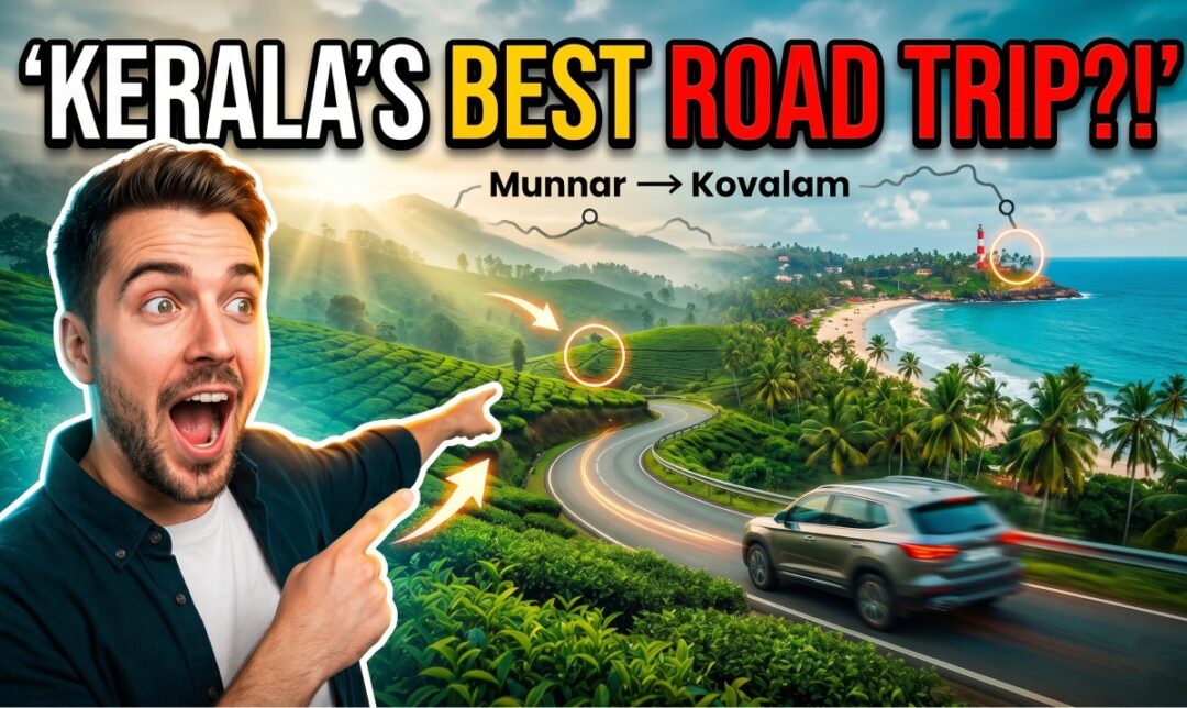 Thumbnail for a Kerala road trip video: excited man points at a winding tea-field road toward the coast.