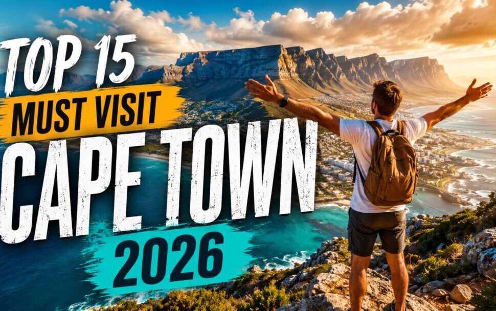 Top 15 Cape Town Tourist Attractions You Must Visit in 2026 › Forever Tourism LLC Travel thumbnail: person with backpack arms wide overlooking Cape Town coast at sunset, 'Top 15 Must Visit Cape Town 2026' overlay text.